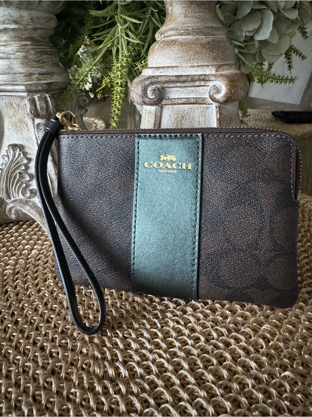 Coach Brown Signature Wristlet with Green Stripe and possum charm NWOT
